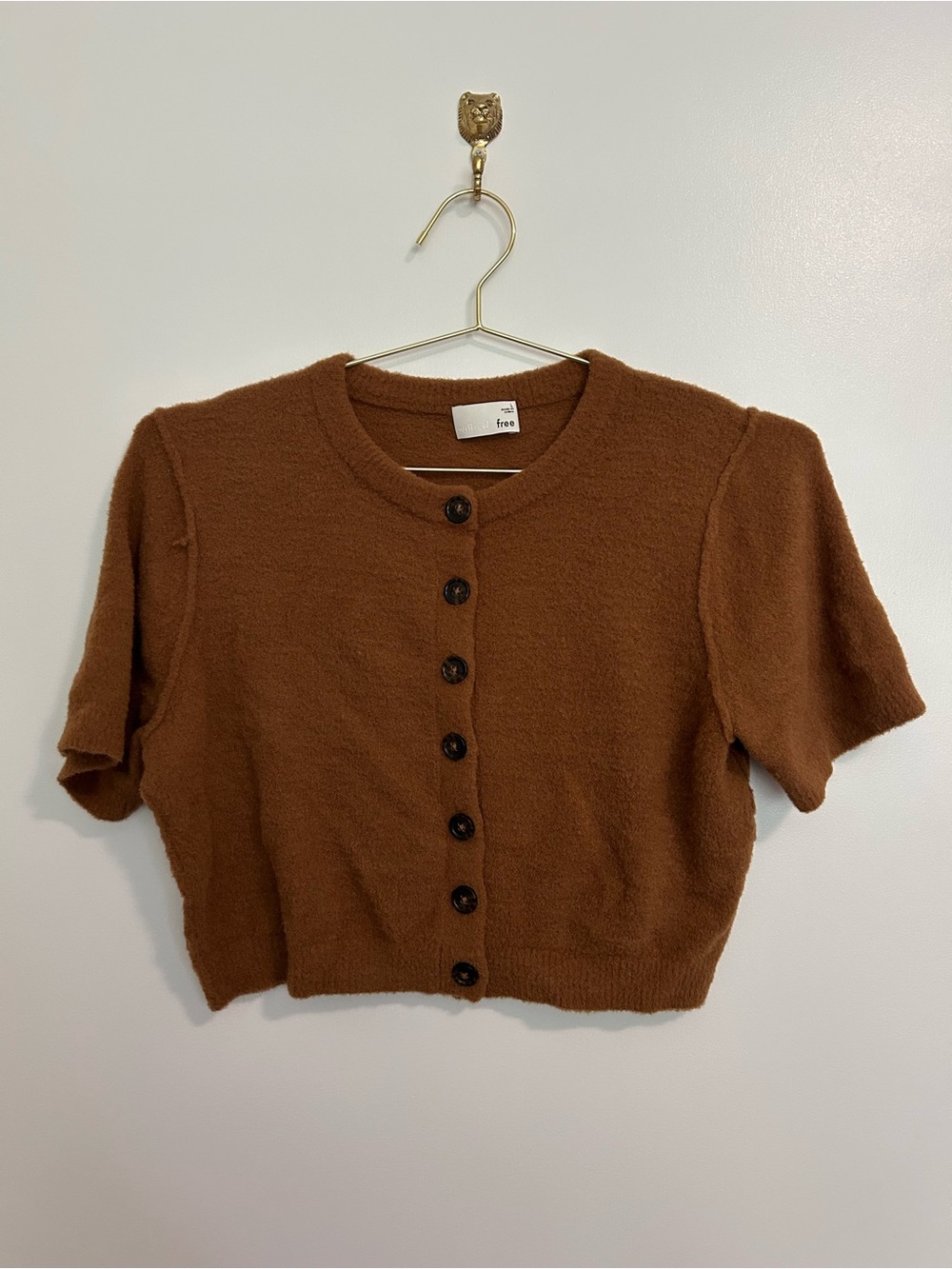 Aritzia Brown Button-Front Cropped Short Sleeve Knit Cardigan